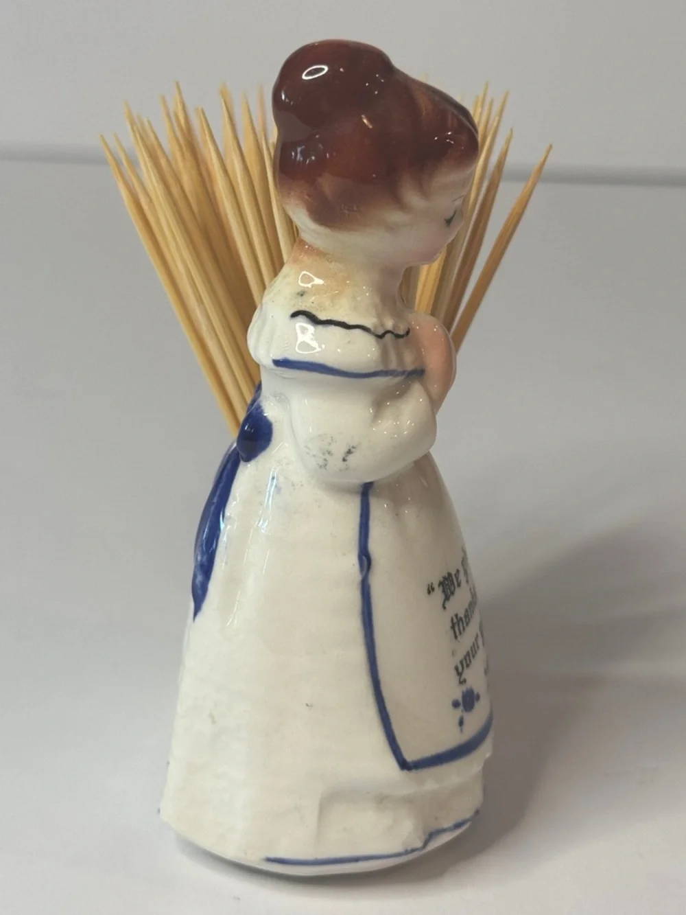Enesco White & Blue Prayer Lady Toothpick Holder